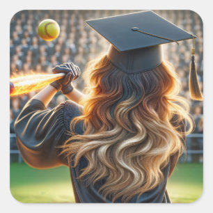 Sticker Carré Fille Diplômée Avec Chat Flamant et Softball