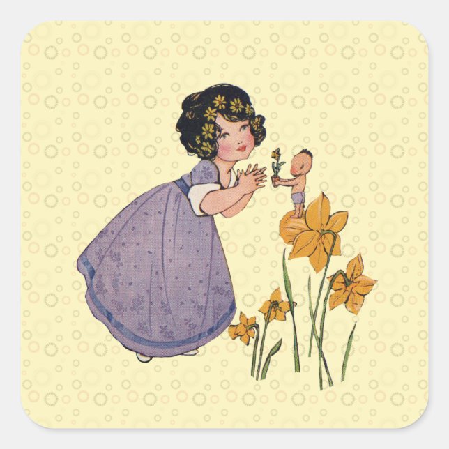 Sticker Carré Fille Elf Fairy Daffodil Antique Pâques (Devant)