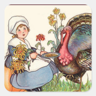 Sticker Carré fille et dinde, action de grâces vintage
