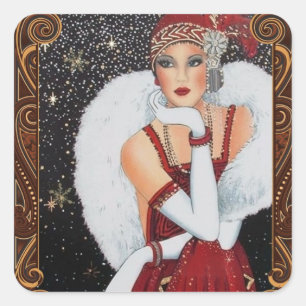 Sticker Carré Fille Flapper de Noël Ciel nocturne étoilé