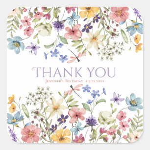 Sticker Carré Fille Fleur Sauvage Aquarelle 1er Anniversaire