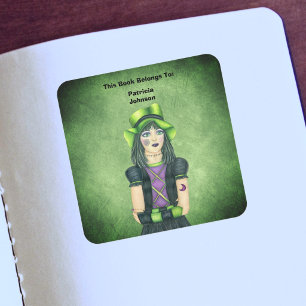 Sticker Carré Fille gothique chapeau vert tatouages vert grunge