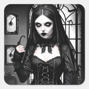Sticker Carré Fille gothique déplaisante en Halloween noir et bl