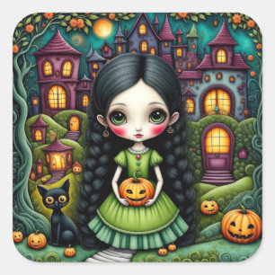 Sticker Carré Fille gothique mignonne Citrouille Village Hallowe