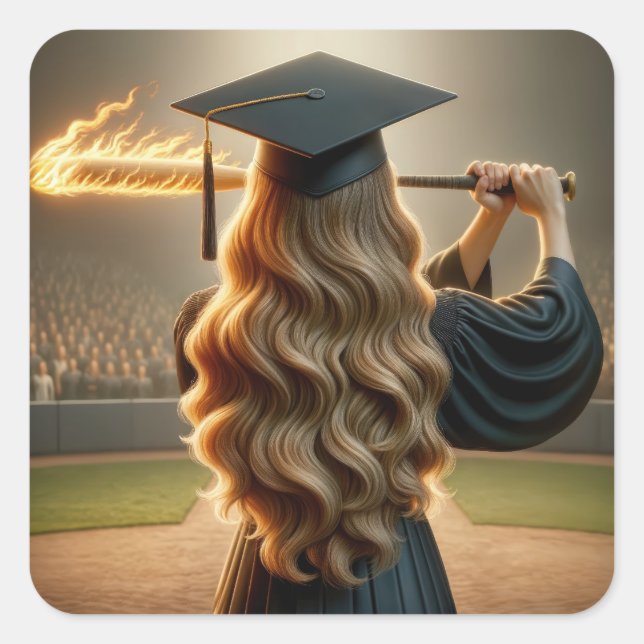 Sticker Carré Fille Graduée Swing a Flaming Baseball Bat (Devant)