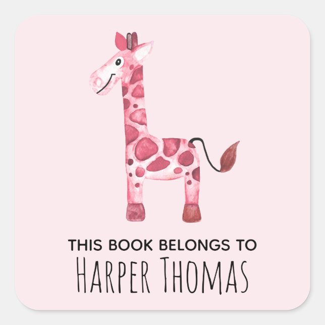 Sticker Carré Fille mignonne Ce livre appartient Safari Giraffe  (Devant)