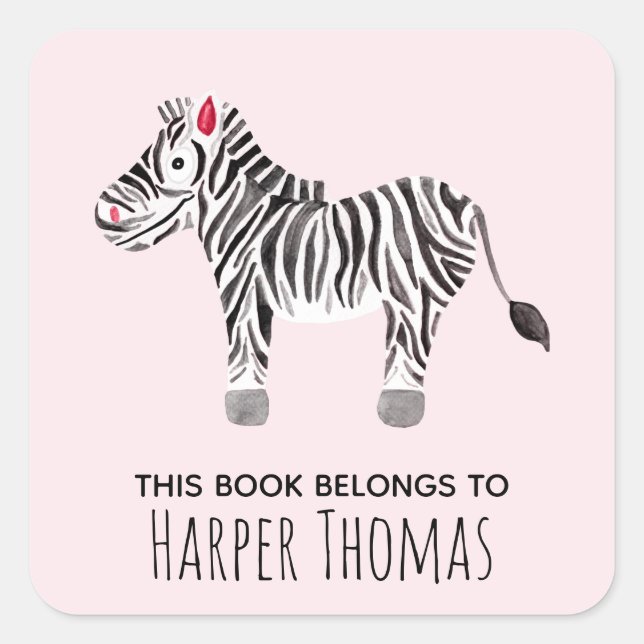 Sticker Carré Fille mignonne Ce livre appartient Safari Zebra No (Devant)