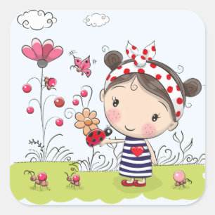 Sticker Carré Fille mignonne de bande dessinée avec la