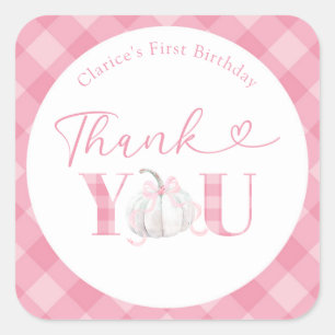 Sticker Carré Fille Mignonne Rose Citrouille Anniversaire Merci