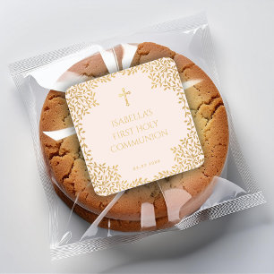 Sticker Carré Fille première communion rose Faux or Feuilles Vin