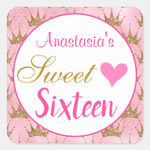 Sticker Carré Fille princesse rose Parties scintillant or Sweet