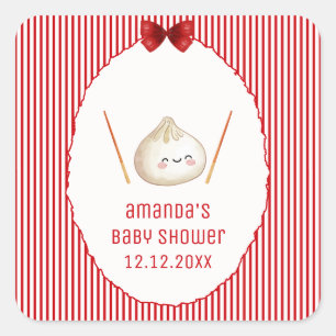 Sticker Carré Fille Rayure Rouge Bébé Asiatique Fête de Naissanc