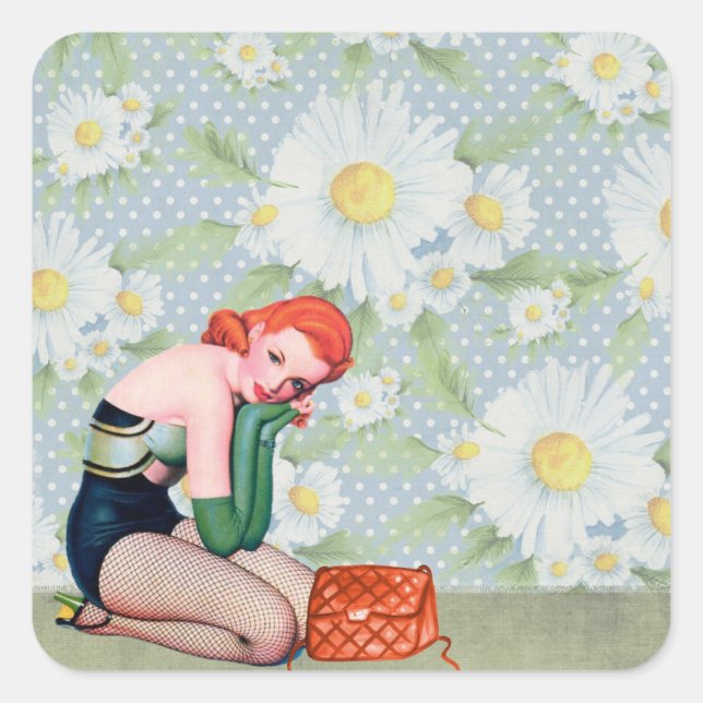 Sticker Carré Fille retro à tête rouge (Devant)