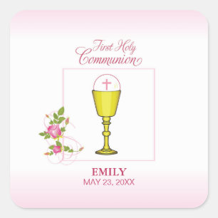 Sticker Carré Fille Rose Première Communion, Calice, Hostie, Ros