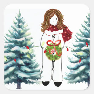 Sticker Carré Fille se préparant pour Noël