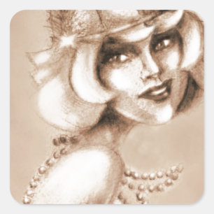 Sticker Carré Fille sepia des années 20