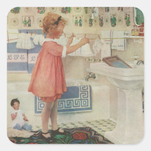 Sticker Carré Fille vintage, enfant faisant la lessive en suspen