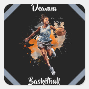 Sticker Carré Filles Basketball Aquarelle Personnalisée