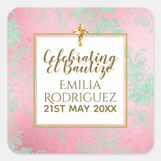 Sticker Carré Filles Bautizo Pink Mint Green Damask Gold Cross