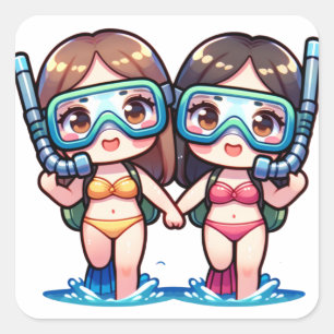 Sticker Carré Filles en snorkeling