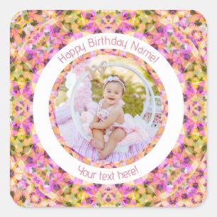 Sticker Carré Filles Joyeux Anniversaire Été Rose Étoile Personn
