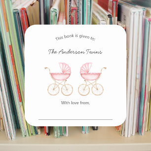 Sticker Carré Filles jumelles berceaux roses Baby Shower