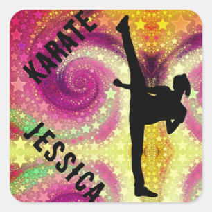 Sticker Carré Filles Karate Tropical Swirl High Kick