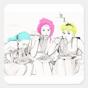 STICKER CARRÉ FILLES MANGEANT SPAGHETTI