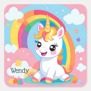 Sticker Carré Fille's mignon Unicorn arc-en-ciel Nom personnalis