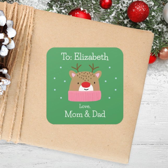 Sticker Carré Filles mignonne Dessin sur mesure Festive Reindeer (Créateur téléchargé)