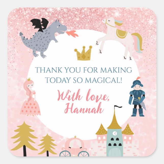 Sticker Carré Filles rose princesse magique Merci d'anniversaire (Devant)