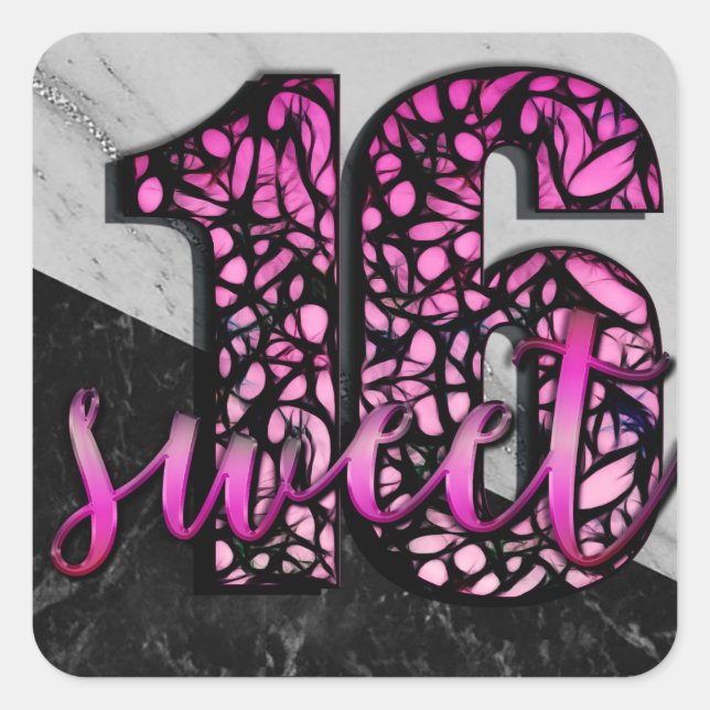 Sticker Carré Filles Roses Marbre Noir Doux 16 Anniversaire Fête (Devant)