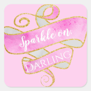 Sticker Carré Fillette rose doré paillettes scintillent, chérie