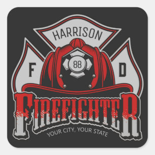 Sticker Carré Firefighter Helmet ADD NAME Fire Department Rescue