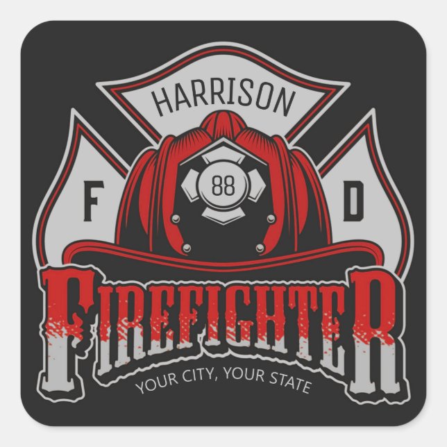 Sticker Carré Firefighter Helmet ADD NAME Fire Department Rescue (Devant)