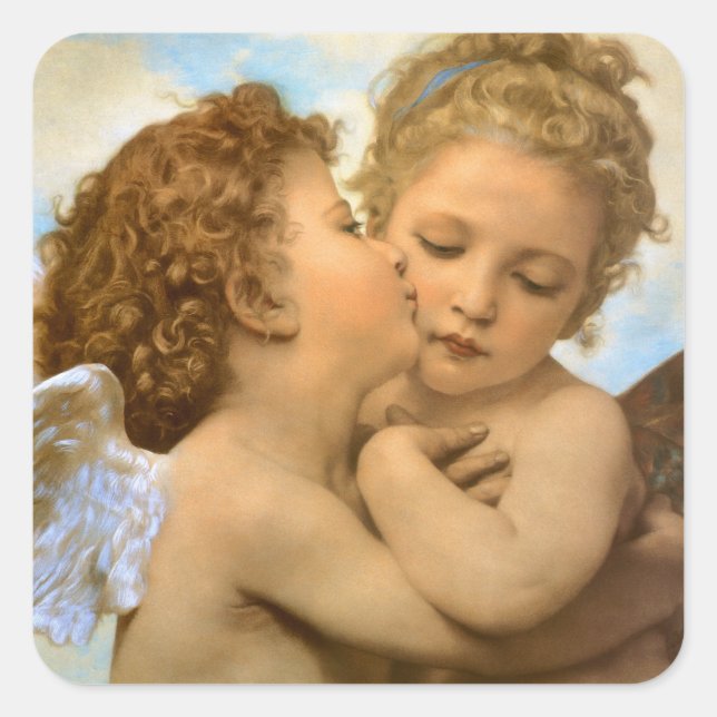 Sticker Carré First Kiss (détail d'ange) par Bouguereau (Devant)