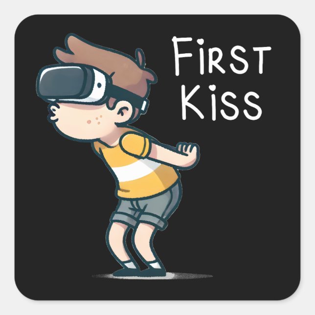 Sticker Carré First Kiss - Drôle VR Gamer Cartoon, Geeky Boy (Devant)