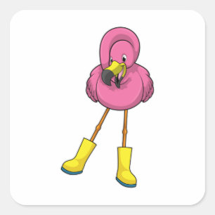 Sticker Carré Flamant rose à la pluie avec bottes en caoutchouc