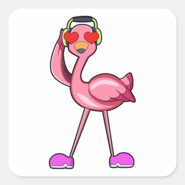 Sticker Carré Flamant rose avec casque & Coeurs (Devant)