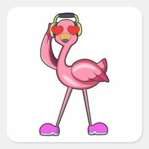 Sticker Carré Flamant rose avec casque & Coeurs
