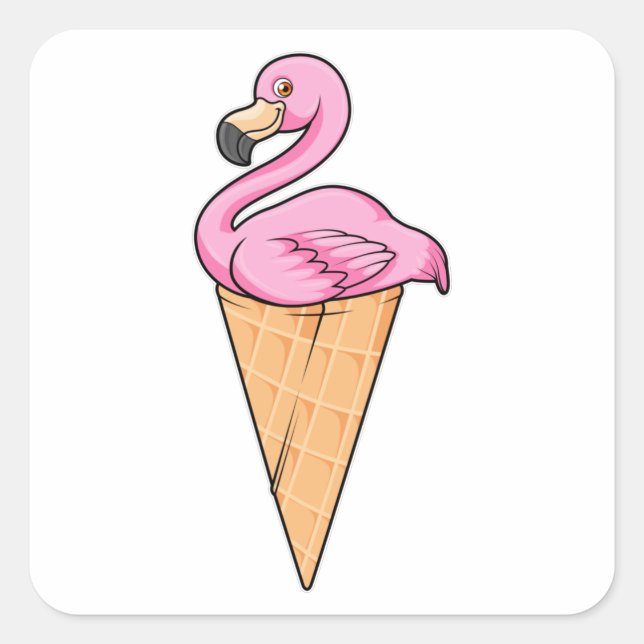 Sticker Carré Flamant rose avec gaufre de glace (Devant)