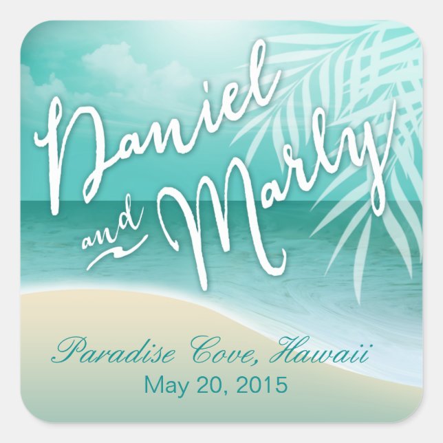 Sticker Carré Flamant rose Beach Wedding Favor | aqua (Devant)