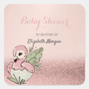 Sticker Carré Flamant rose bébé mignon Rose Parties scintillant 