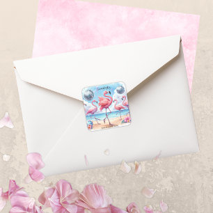 Sticker Carré Flamant rose Birthday Beach Party