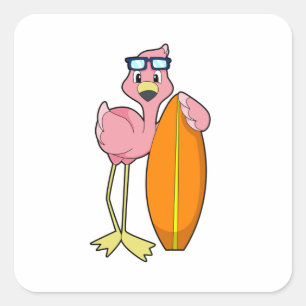Sticker Carré Flamant rose comme Surfer avec Surfboard.PNG