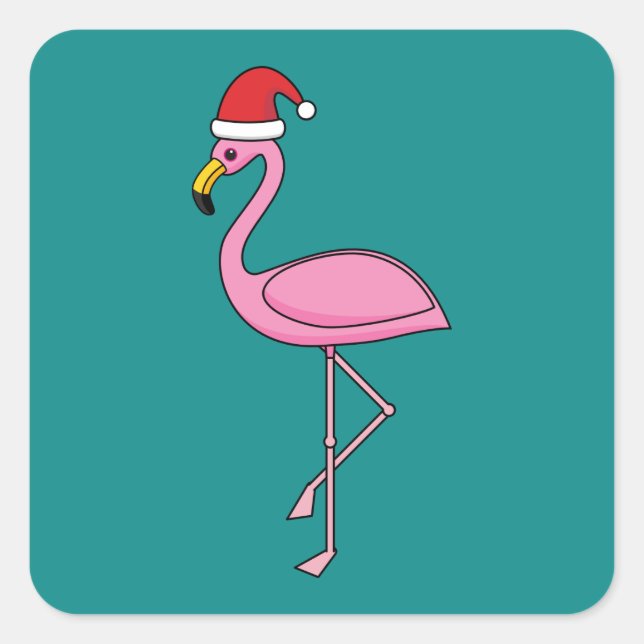 Sticker Carré Flamant rose de Noël avec Santa Hat (Devant)