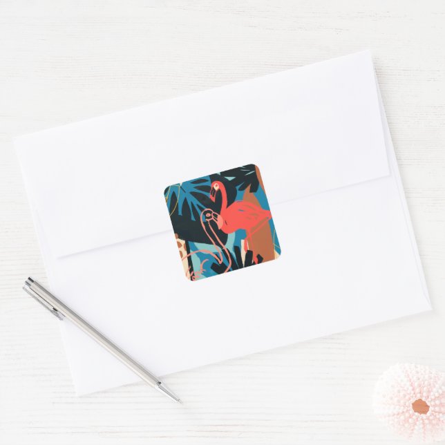 Sticker Carré Flamant rose funky (Enveloppe)