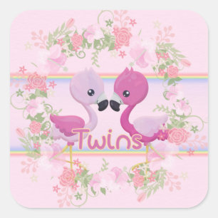 Sticker Carré Flamant rose jumeaux pour bébés filles
