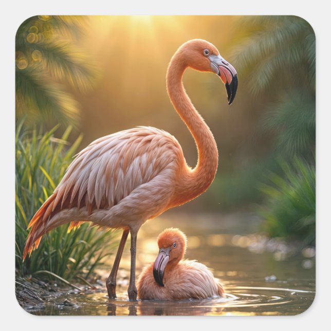 Sticker Carré Flamant rose mère et poussin (Devant)