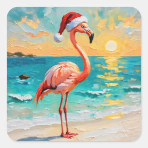 Sticker Carré Flamant rose père Noël sur la plage